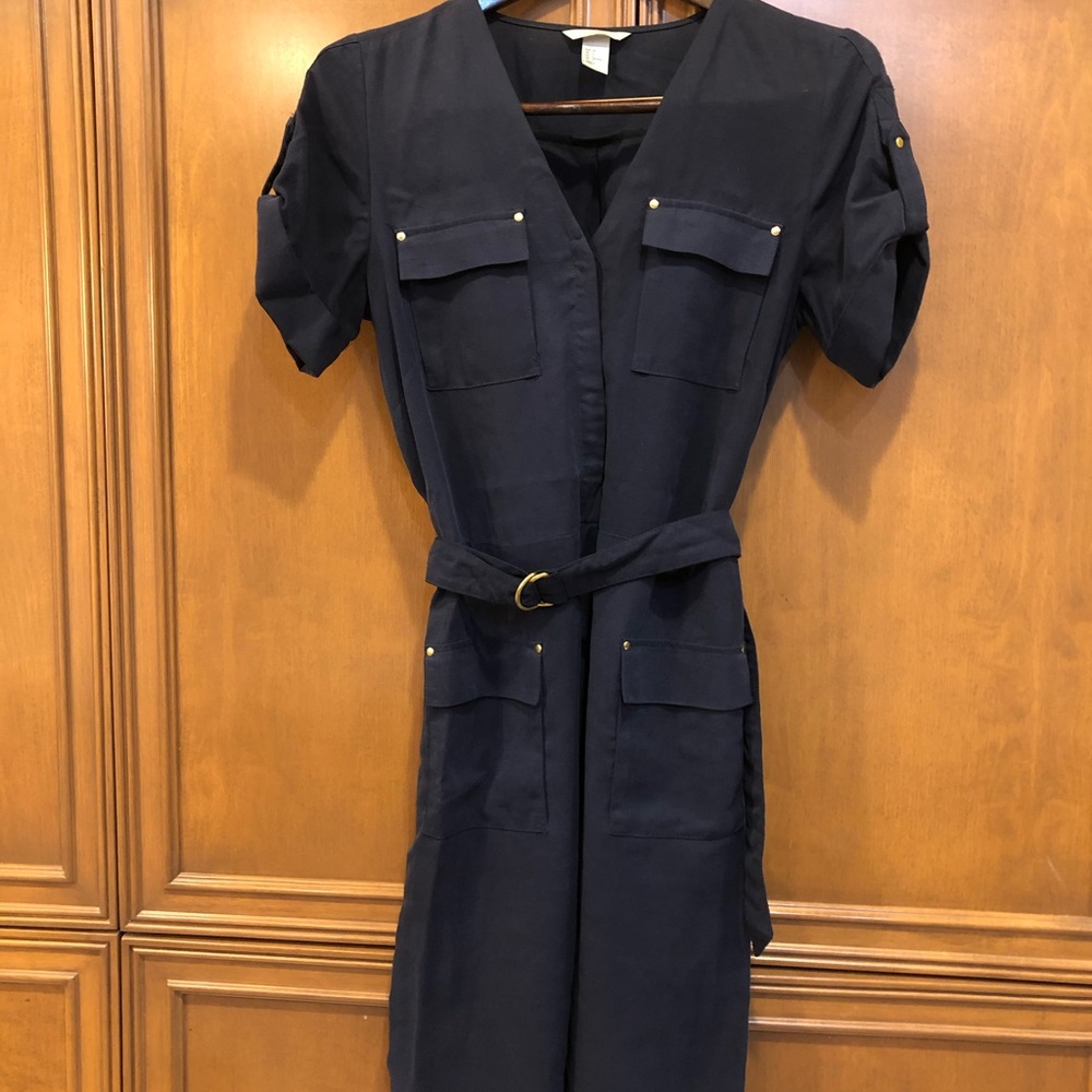 Navy dress with gold accents